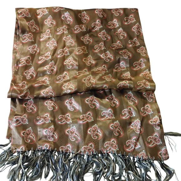 Brown Paisley Satin Scarf Vintage Fringe Trim 42 by 11 Inches Unisex Luxurious - Picture 10 of 10